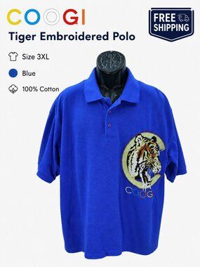 COOGI Tiger Embroidered Polo Men's 3XL Blue Cotton Y2K Streetwear